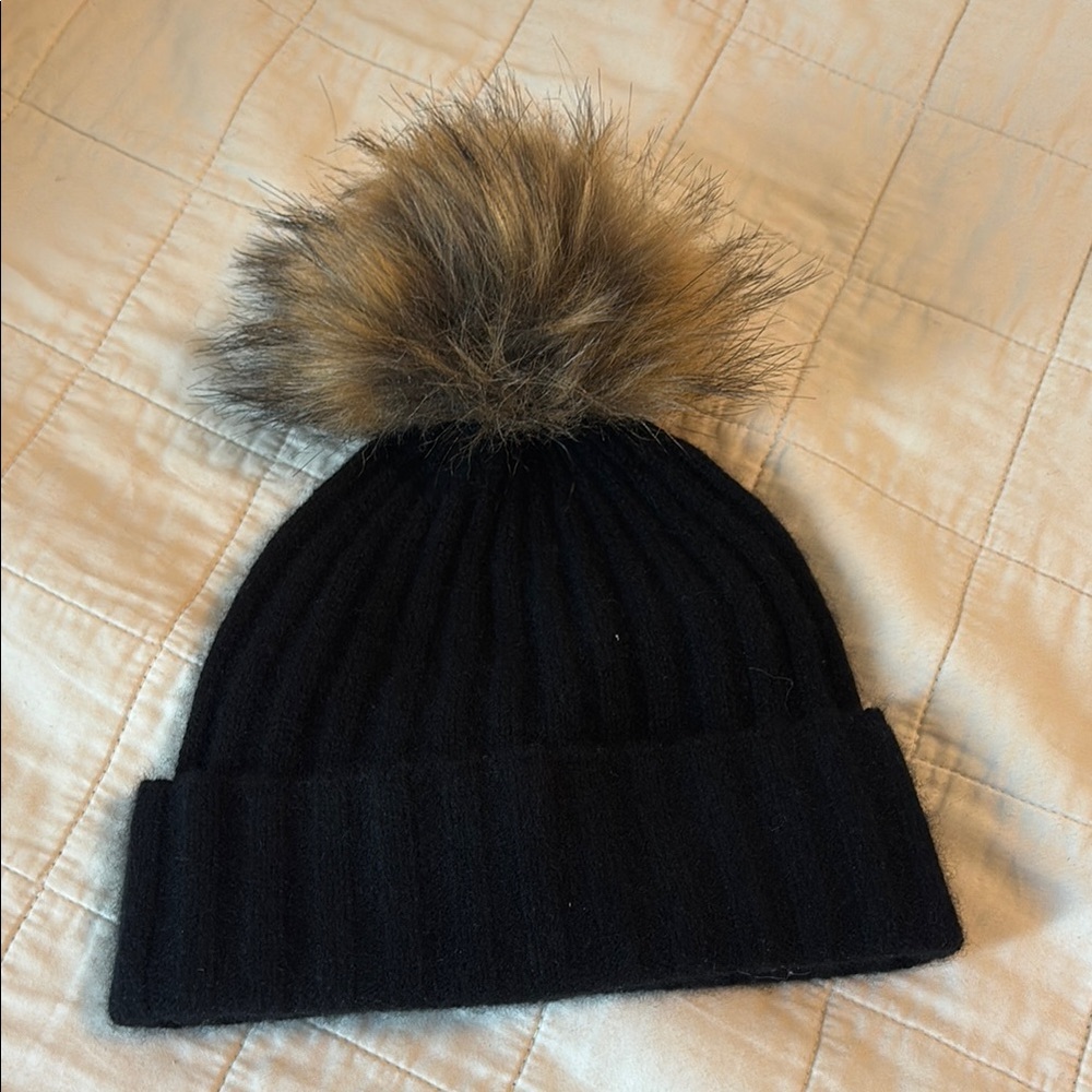 Quince Cashmere Black Knit Beanie with Faux Fur Pom